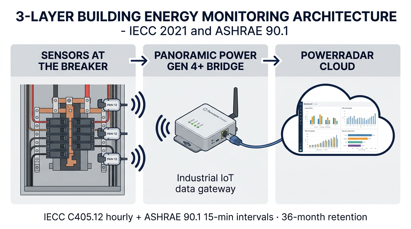 IECC 2021 three-layer monitoring architecture: PAN-12 sensors at the breaker, Panoramic Power Gen 4+ Bridge gateway, and PowerRadar cloud dashboard